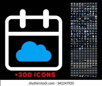Cloudy Date vector icon with additional 300 date and time management pictograms. Style is bicolor flat symbols, blue and white colors, rounded angles, black background.