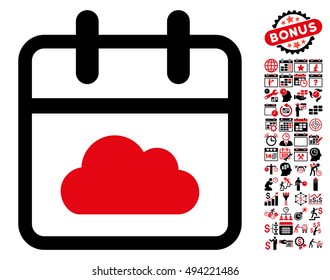 Cloudy Day Calendar Page icon with bonus calendar and time management design elements. Vector illustration style is flat iconic bicolor symbols, intensive red and black colors, white background.