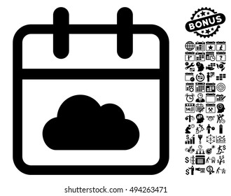 Cloudy Day Calendar Page icon with bonus calendar and time management graphic icons. Vector illustration style is flat iconic symbols, black color, white background.