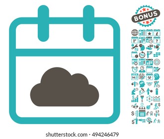 Cloudy Day Calendar Page pictograph with bonus calendar and time management icon set. Vector illustration style is flat iconic bicolor symbols, grey and cyan colors, white background.
