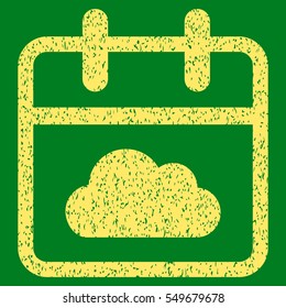 Cloudy Day grainy textured icon for overlay watermark stamps. Flat symbol with unclean texture. Dotted vector yellow ink rubber seal stamp with grunge design on a green background.