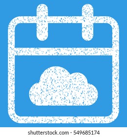 Cloudy Day grainy textured icon for overlay watermark stamps. Flat symbol with dirty texture. Dotted vector white ink rubber seal stamp with grunge design on a blue background.