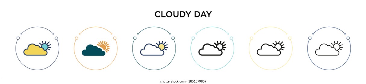 Icono de día nublado en el estilo relleno, delgado, contorno y trazo. Ilustración vectorial de dos iconos vectoriales de día de nubes de color y negro se puede utilizar para móviles, ui, web