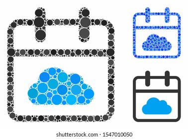 Cloudy day mosaic of filled circles in various sizes and color tints, based on cloudy day icon. Vector filled circles are composed into blue collage. Dotted cloudy day icon in usual and blue versions.