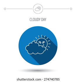 Cloudy day with sun icon. Overcast weather sign. Meteorology symbol. Blue flat circle button. Linear icon with shadow. Vector