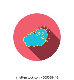Cloudy day with sun icon. Overcast weather sign. Meteorology symbol. Red flat circle button. Linear icon with shadow. Vector