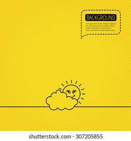 Cloudy day with sun icon. Overcast weather sign. Meteorology symbol. Speech bubble of dotted line. Orange background. Vector