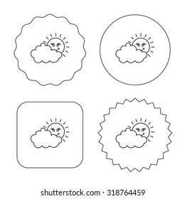 Cloudy day with sun icon. Overcast weather sign. Meteorology symbol. Flat circle, star and emblem buttons. Labels design. Vector