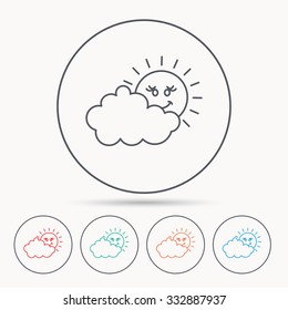Cloudy day with sun icon. Overcast weather sign. Meteorology symbol. Linear circle icons.