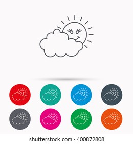 Cloudy day with sun icon. Overcast weather sign. Meteorology symbol. Linear icons in circles on white background.