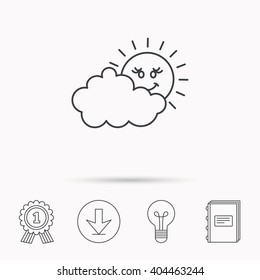 Cloudy day with sun icon. Overcast weather sign. Meteorology symbol. Download arrow, lamp, learn book and award medal icons.