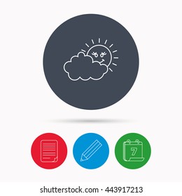 Cloudy day with sun icon. Overcast weather sign. Meteorology symbol. Calendar, pencil or edit and document file signs. Vector