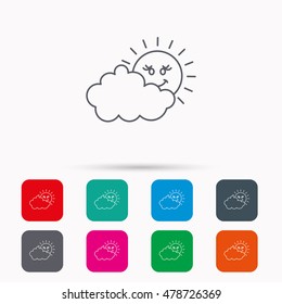 Cloudy day with sun icon. Overcast weather sign. Meteorology symbol. Linear icons in squares on white background. Flat web symbols. Vector