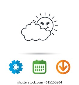 Cloudy day with sun icon. Overcast weather sign. Meteorology symbol. Calendar, cogwheel and download arrow signs. Colored flat web icons. Vector