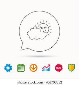 Cloudy day with sun icon. Overcast weather sign. Meteorology symbol. Calendar, Graph chart and Cogwheel signs. Download and Shield web icons. Vector