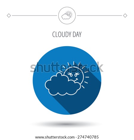 Cloudy day with sun icon. Overcast weather sign. Meteorology symbol. Blue flat circle button. Linear icon with shadow. Vector