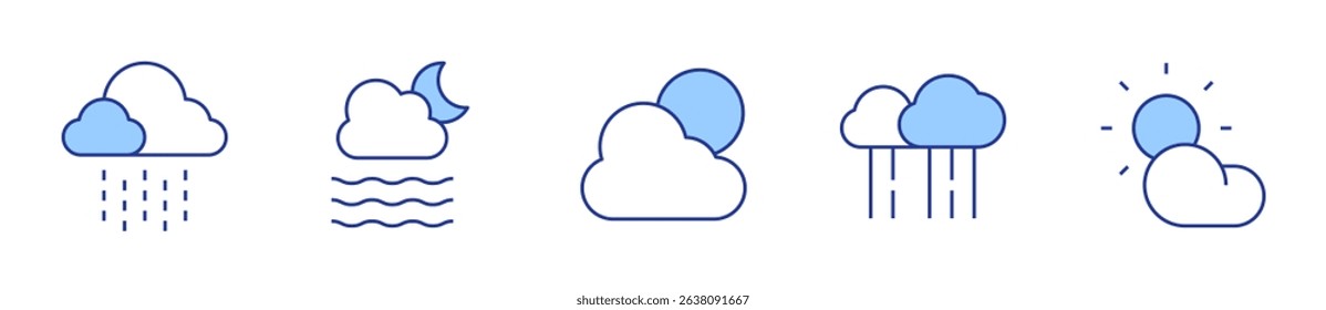 cloudy, drizzle, weather, rain, foggy. Weather forecast Icon vector illustration. Line Duotone style. Editable stroke.