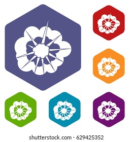 Cloudy explosion icons set hexagon isolated vector illustration