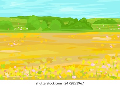 cloudy field scenery with bushes and trees. rural landscape with blooming rapeseed field