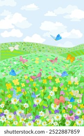 cloudy field scenery with green hills. rural landscape with blooming daisy flowers and flying butterflies