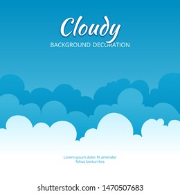 Cloudy flat. Template of fluffy clouds stylized blue sky vector banner with place for text. Illustration of clouds air banner, atmosphere cloudy