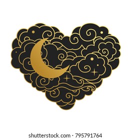 Cloudy heart with moon. Vector illustration. 