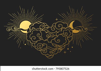 Cloudy heart, sun and moon. Vector illustration