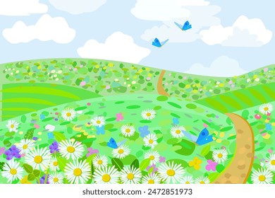 cloudy hill scenery with colorful blooming fields, a path and flying butterflies above white daisy flowers