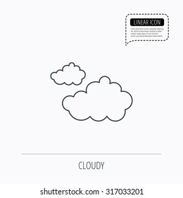 Cloudy icon. Overcast weather sign. Meteorology symbol. Linear outline icon. Speech bubble of dotted line. Vector