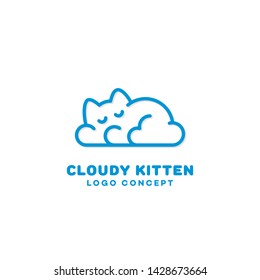 Cloudy kitten logo design template in linear style. Vector illustration.