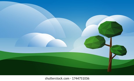 Cloudy landscape with polygonal tree