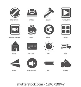 Cloudy, Menu, Moon, Send, Van, Prohibition, Medium Volume, Home, USB, Low Screw icon 16 set EPS 10 vector format. Icons optimized for both large and small resolutions.