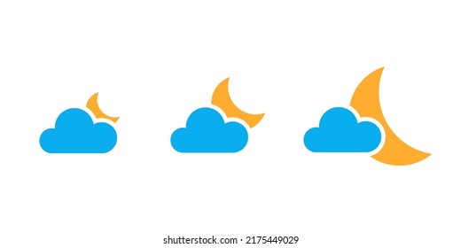 Cloudy moon month weather change icons set. Vector drawing, flat, cartoon style. Postcard design, website, weather forecast