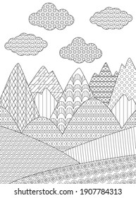 cloudy mountain landscape with fields for your coloring book