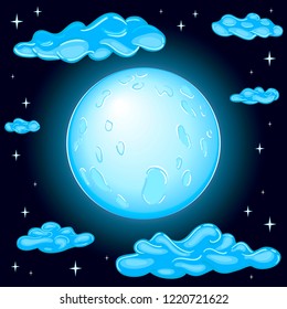 Cloudy night. Azure moon against the night sky. Blue light and stars. Mystical and magical time of day. Lunar phase. Time of witchcraft. Color fill isn't the gradient. Vector illustration. EPS 8.