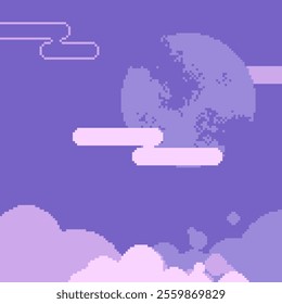 Cloudy Night with Full Moon and Clouds above, Purple Tone color, Kawaii Flat Pixel Art Style Background