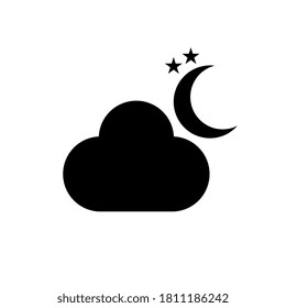 Icono de noche nublada. Luna con símbolo del tiempo de nubes en un diseño plano sencillo. Signo de pronóstico del tiempo negro.