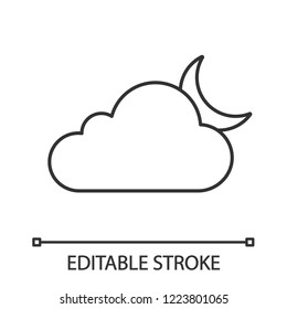 Cloudy night linear icon. Partly cloudy night. Thin line illustration. Clouds and moon. Weather forecast. Contour symbol. Vector isolated outline drawing. Editable stroke