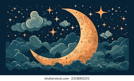 Cloudy night sky with beautiful stars and crescent moon