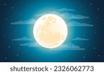 Cloudy night sky with a full moon illustration. Vector background. Best for publishing, posters, prints and web design.