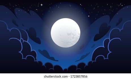 Cloudy night sky with glowing moon. Cartoon style magic night sky. Deep blue colors. Vector illustration.