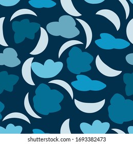 Cloudy night sky seamless pattern with moon, vector background.