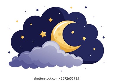 Cloudy Night Sky with Stars and Crescent Moon Vector Illustration

