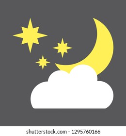 Cloudy night vector weather forecast icon.Moon, cloud and stars isolated on a gray background.