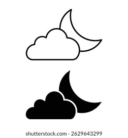 Cloudy night weather forecast icon vector illustration with moon partially covered by cloud in flat outline and filled minimal style.