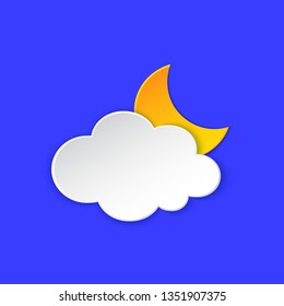 Cloudy Night Weather forecast info icon. Cloud and Moon symbol paper cut style on blue. Climate weather element. Trendy button for Metcast WF report mark, meteo mobile app, web. Vector illustration