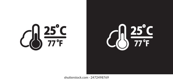 Cloudy, overcast, cool temperature flat vector icon. Thermometer vector icon with Celsius and Fahrenheit measurements. Temperature and air temperature icon during cloudy weather on black and white .