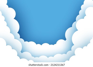 Cloudy paper cut art. Banner with 3d paper cut clouds on blue sky. Blue sky clouds paper craft style. Volumetric cloudscape. Round frame. Layered tunnel.