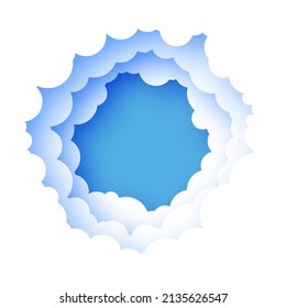 Cloudy paper cut art. Banner with 3d paper cut clouds on blue sky. Blue sky clouds paper craft style. Volumetric cloudscape. Round frame. Layered tunnel.