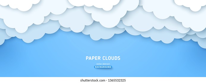 Cloudy paper cut art, vector illustration. Volumetric cloudscape horizontal background. Banner with 3d clouds on blue sky.